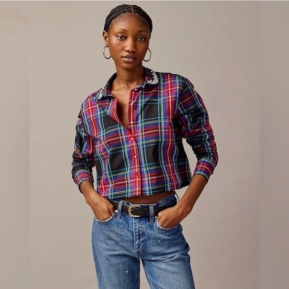 J.Crew Collection embellished cropped button-up shirt Stewart tartan cotton 8 - Picture 1 of 7